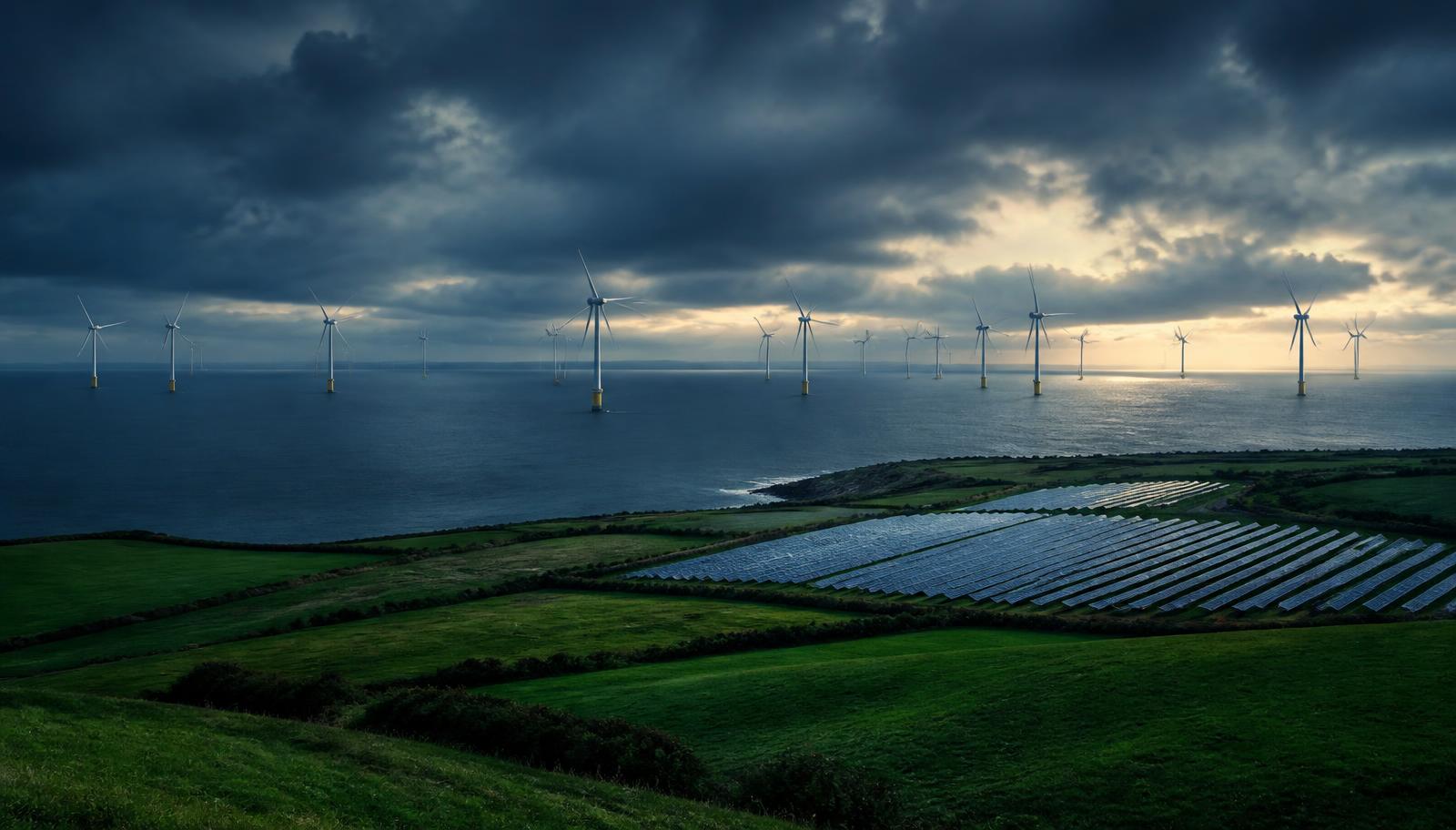 Offshore wind turbines and a solar farm supplying the UK electricity grid